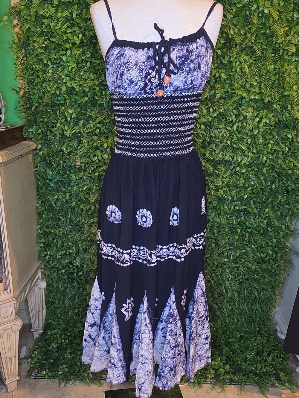Boho Tie-Dye Black and Blue Maxi Dress with Smocked Waist